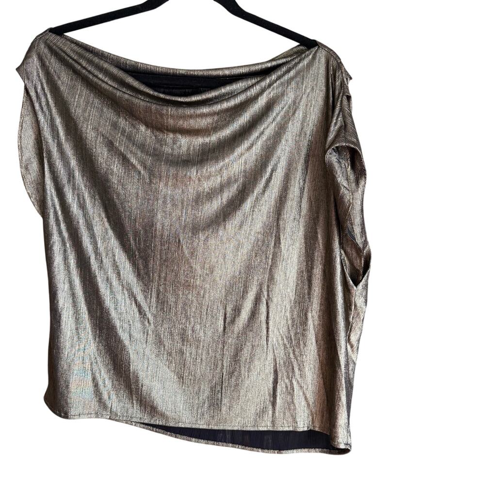 Gold Metallic Lamé Cowl Neck Shirt Sz M Party Holiday Formal Stretch Ruching Y2K